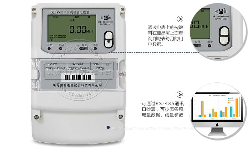 恒通國測DSZ25三相三線智能電能表抄表方式