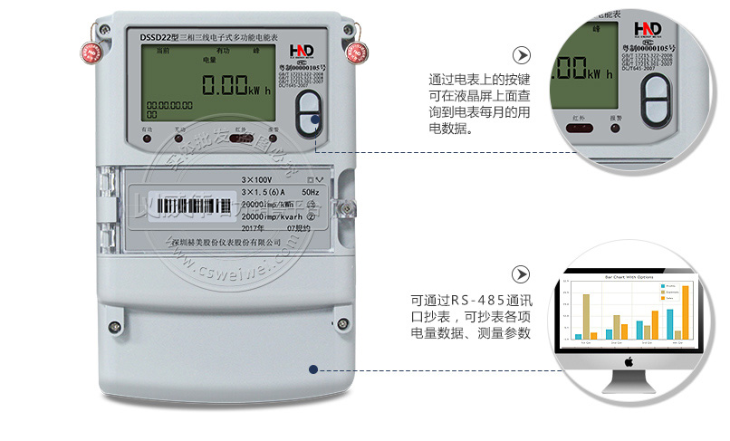 赫美DSSD22三相三線電子式多功能電能表抄表方式